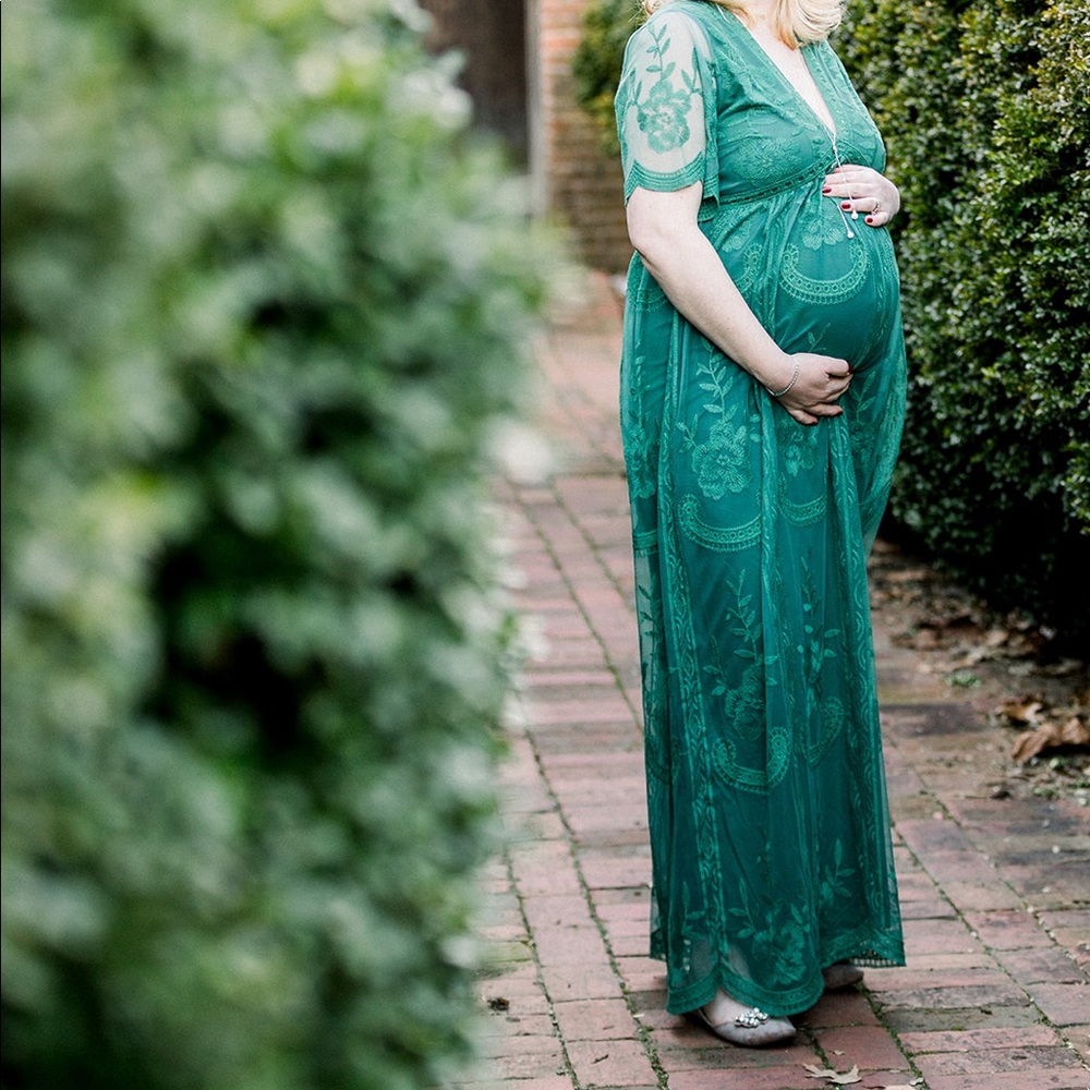 Teal Green Lace Mesh Overlay Maternity Maxi Dress